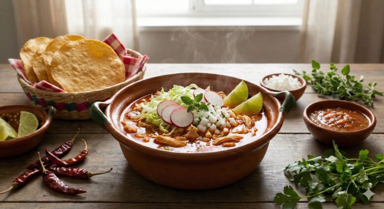 A large, rustic clay bowl filled with steaming hot red chicken pozole and hominy, beautifully garnished with fresh shredded lettuce, sliced radishes, diced white onions, oregano, and lime wedges. The bowl rests on a wooden table surrounded by a woven basket of crispy corn tostadas, small bowls of red salsa, dried red chilies, and fresh herbs in a warm, inviting setting.