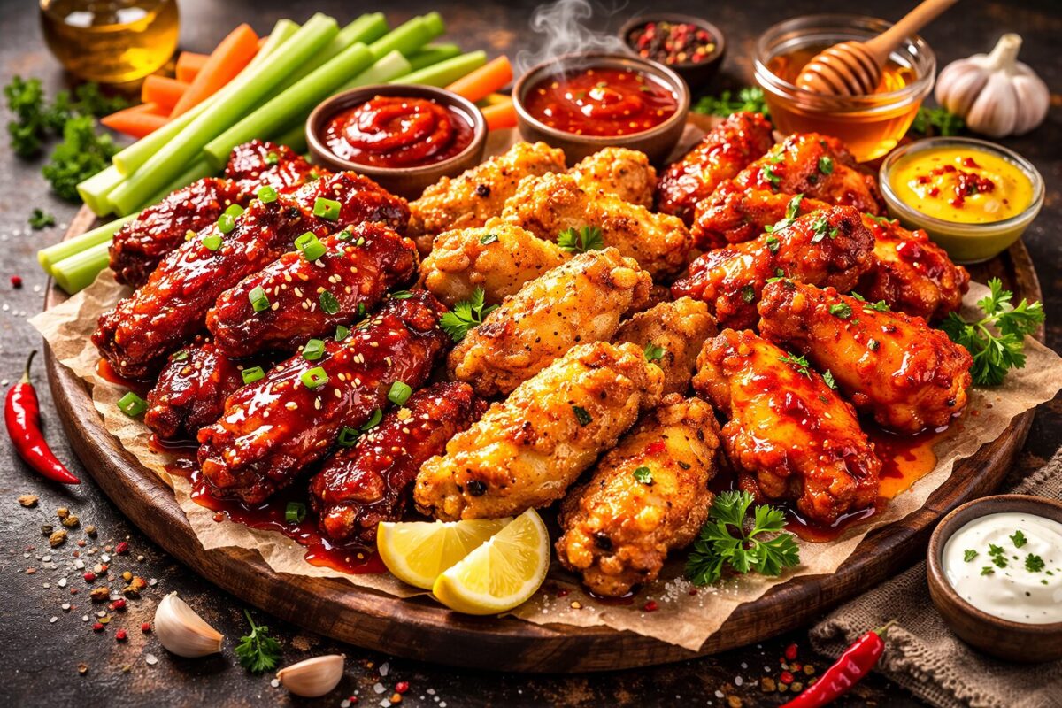 Crispy chicken wings recipe with BBQ, honey, and butter chili sauces served on wooden platter