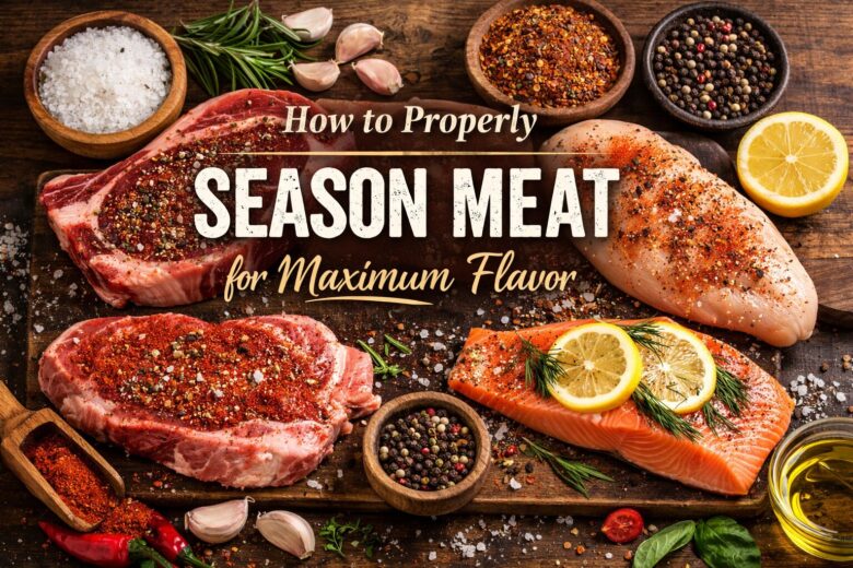 Raw steak, chicken breast, pork chop, and salmon seasoned with salt, pepper, garlic, and spices on wooden cutting board showing how to properly season meat for maximum flavor