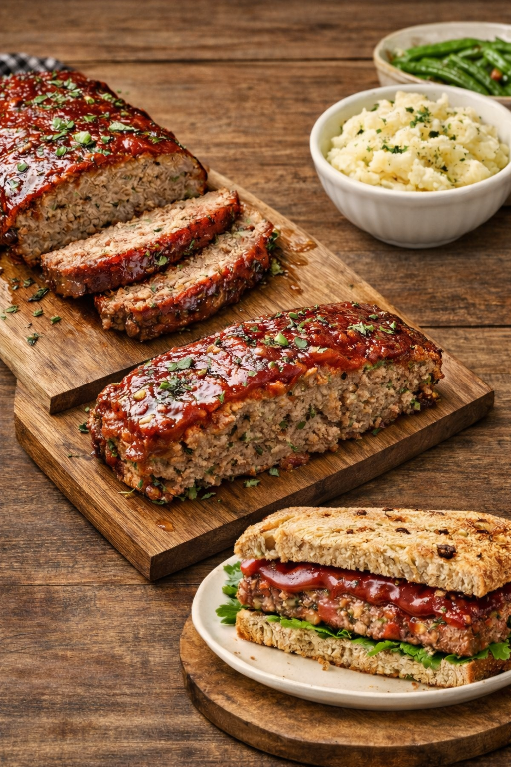 Juicy oven-baked meatloaf with ketchup glaze sliced and served on a wooden board