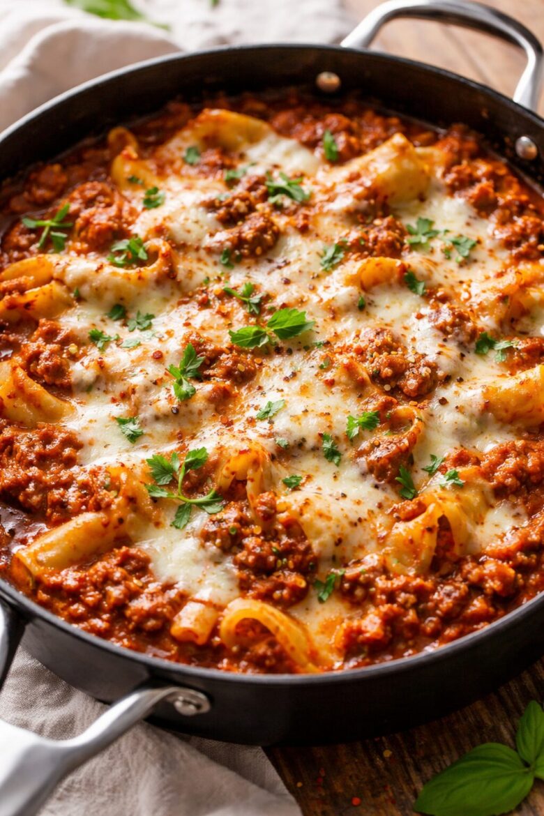 Cheesy one-pot lasagna cooked in a deep skillet with ground meat, tomato sauce, and melted mozzarella cheese