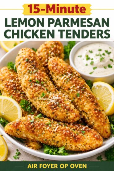 Crispy lemon parmesan chicken tenders served with dipping sauce and lemon wedges air fryer recipe ready in 15 minutes