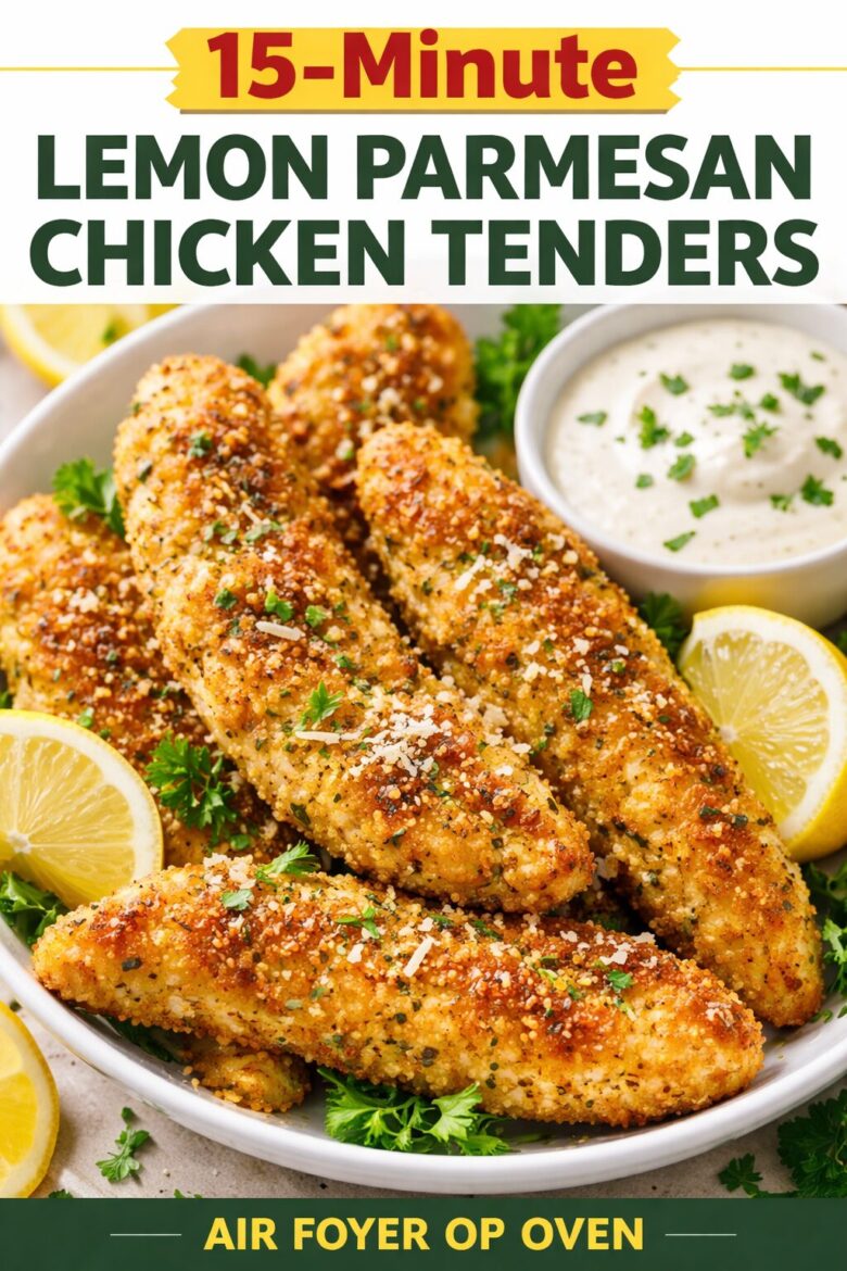 Crispy lemon parmesan chicken tenders served with dipping sauce and lemon wedges air fryer recipe ready in 15 minutes