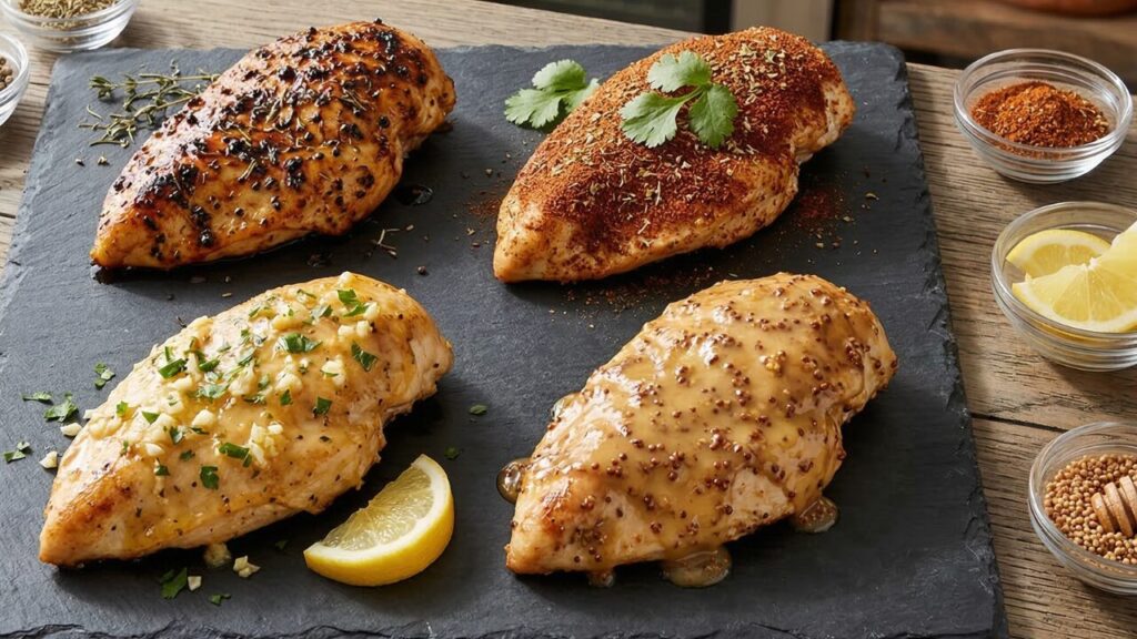 Four different seasoned baked chicken breasts on a slate platter showing lemon garlic, spicy mexican rub, honey mustard, and herb crusted variations.