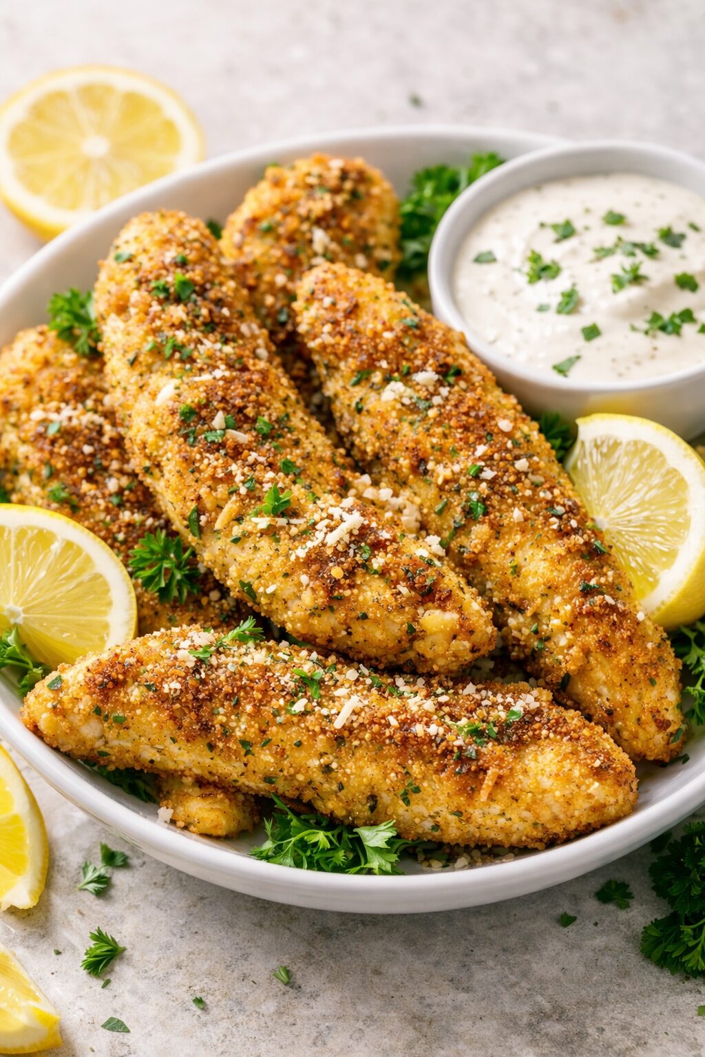 golden crispy lemon parmesan chicken tenders with parsley lemon slices and creamy dipping sauce