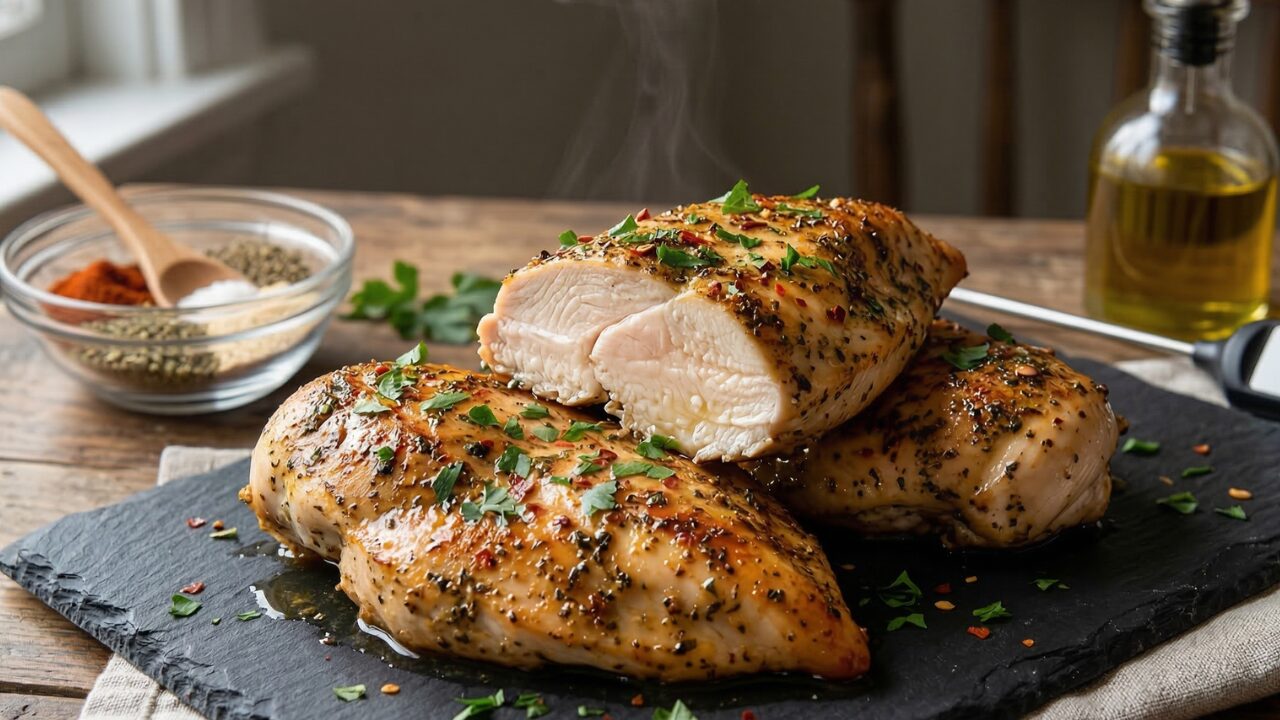 Close-up of a perfectly juicy oven-baked chicken breast sliced open to show tenderness, served on a slate board with a meat thermometer showing 165 degrees.