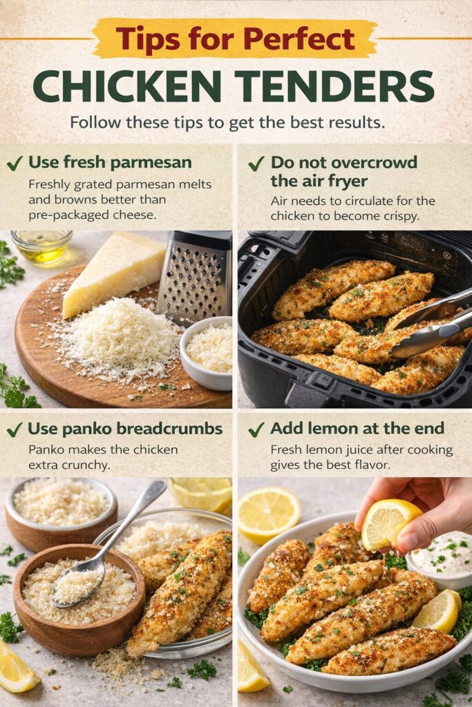 Cooking tips for crispy lemon parmesan chicken tenders including fresh parmesan, panko breadcrumbs, air fryer spacing, and adding lemon juice after cooking