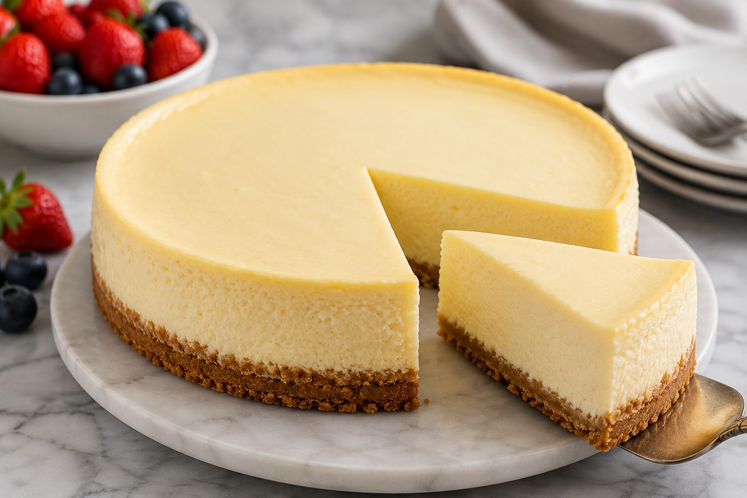 Classic New York cheesecake with a buttery graham cracker crust and a creamy, smooth filling, served on a marble platter with a slice removed and fresh berries in the background.