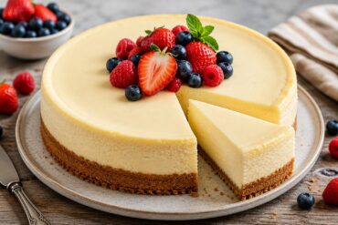 Classic New York-style cheesecake topped with fresh strawberries, raspberries, and blueberries on a rustic wooden table with a slice removed, showcasing its rich and creamy texture.